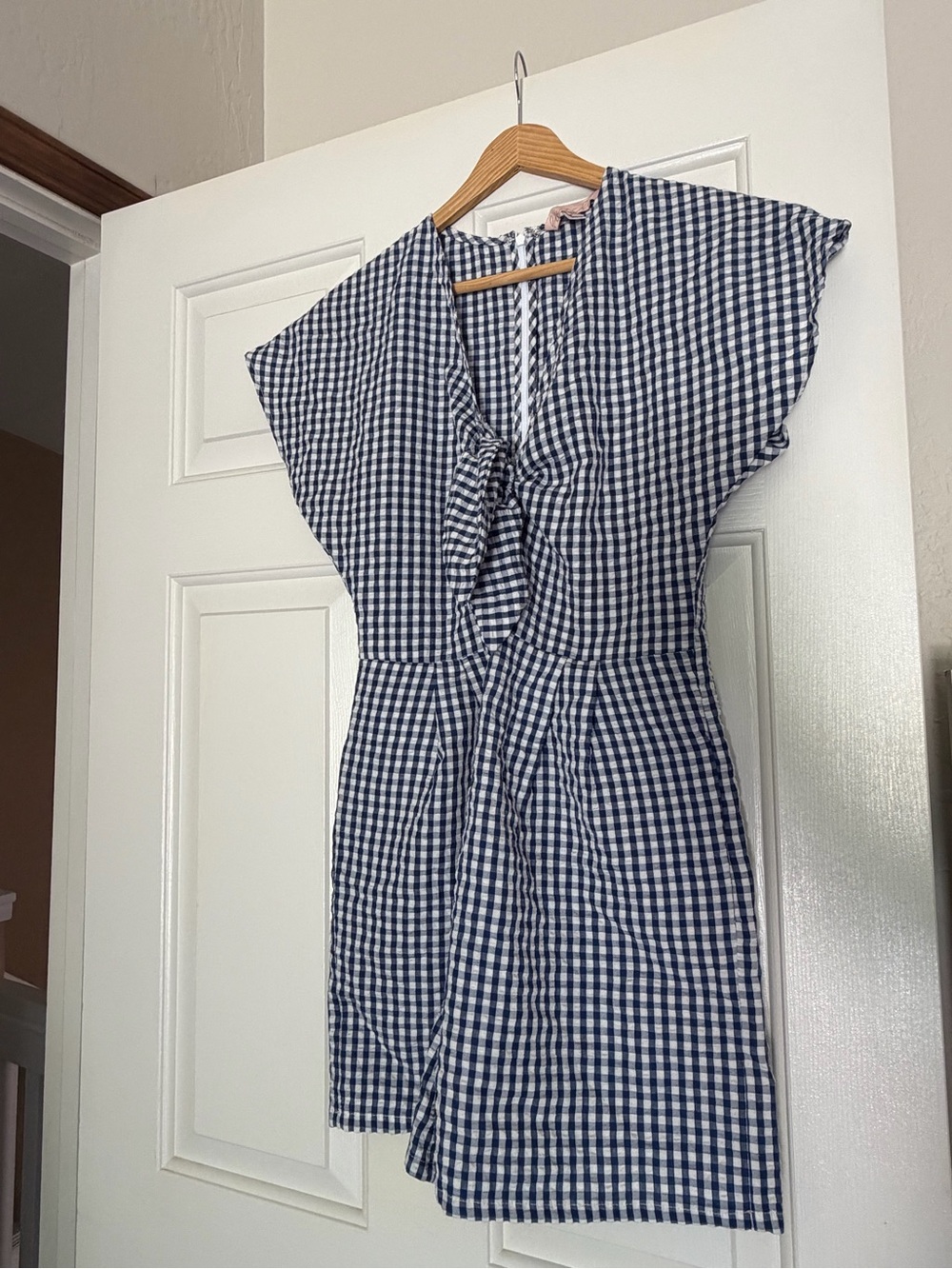 Women's Navy and White Gingham Tie-Front Romper